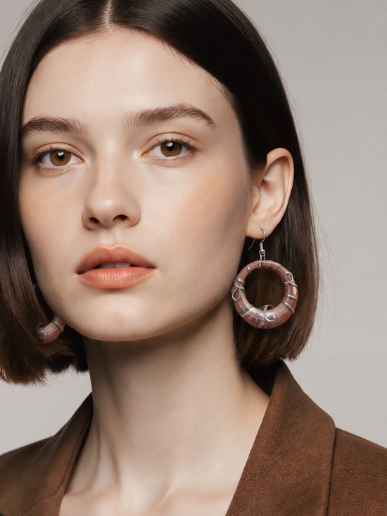 Jewelry - Handcrafted Wire-Wrapped Brown Faceted Hoop Earrings
